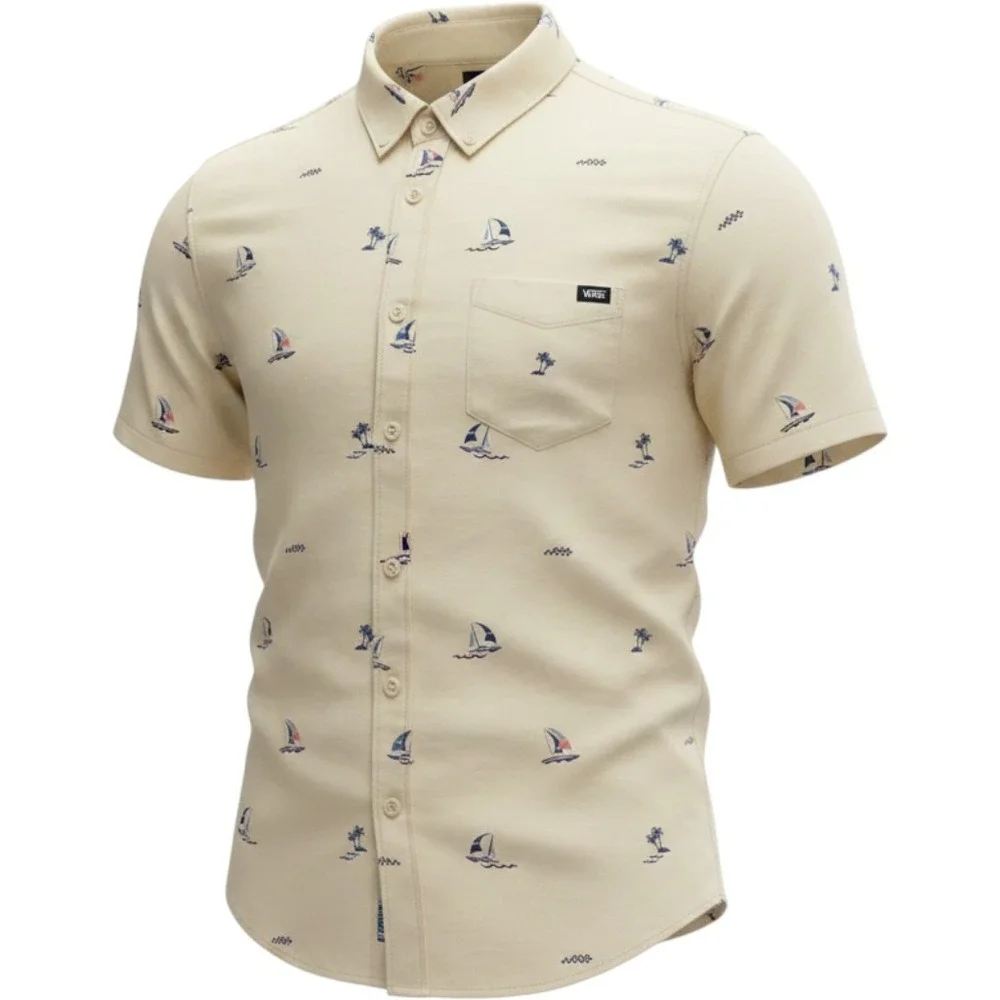 Vans Mens Small Classic Fit Sailboat Palm Tree Short Sleeve Button Down Shirt
